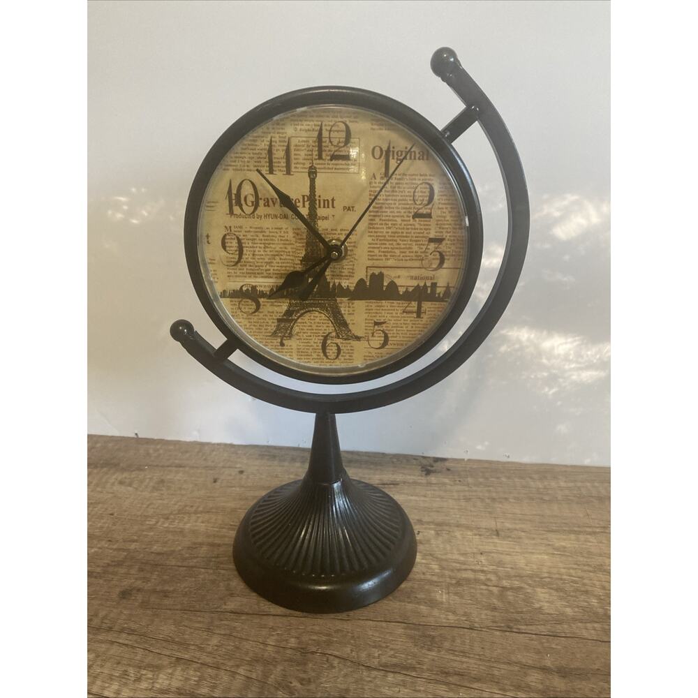 Vintage Table Clock Eiffel Tower Picture Silent Sweep Non Ticking 12" X 9" Inch